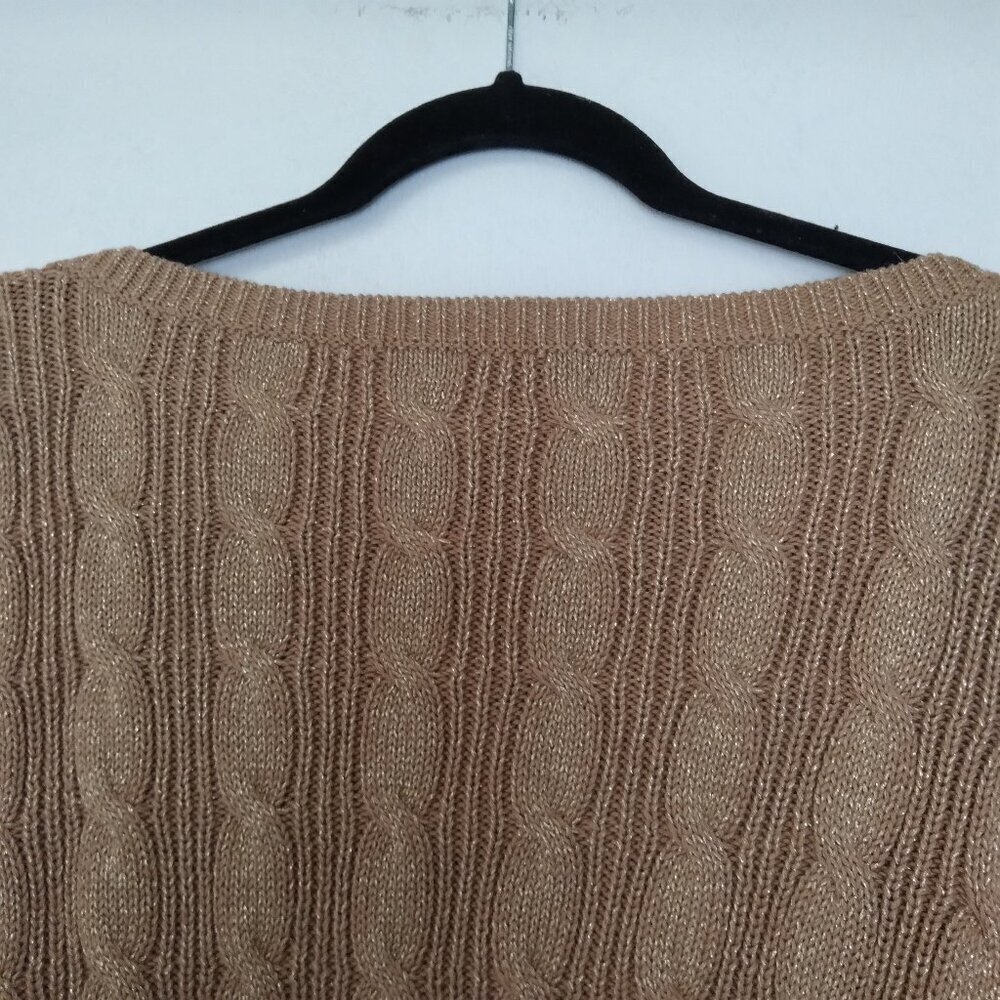 Metallic Gold 90% Woven in Cotton Cable Knit Boatneck Pullover Sweater Sz Lg - Picture 6 of 9